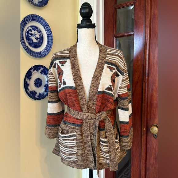 Vintage 1970s Space Dye Western Wrap Style Bell Sleeve Cardigan - Picture 2 of 8